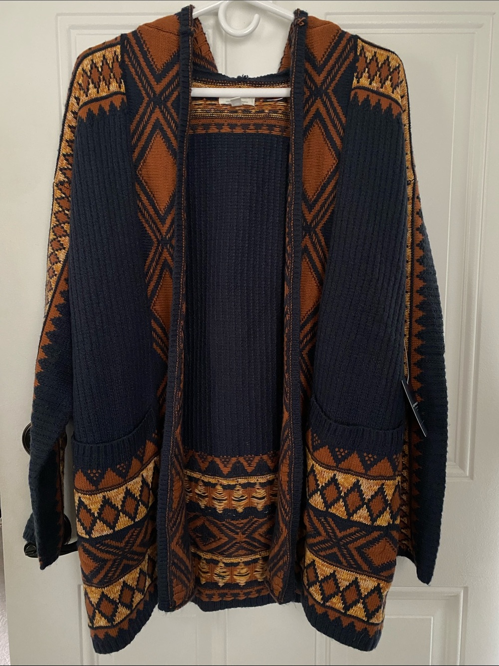 Lucky Brand Navy and Rust Geometric Open-Front Cardigan